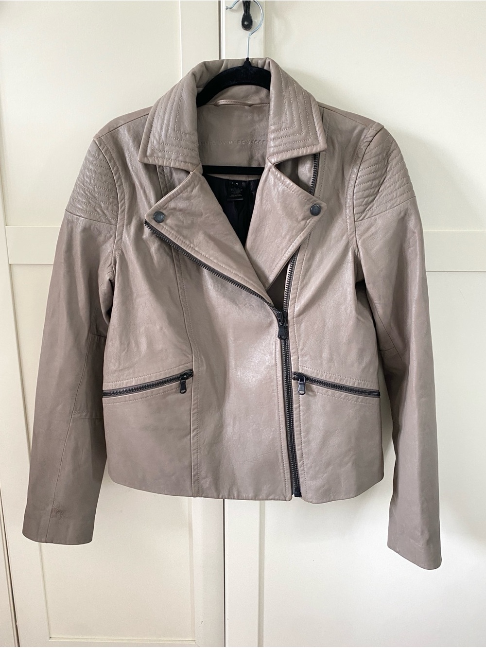 Marc by Marc Jacobs Genuine Leather Moto Jacket Slate Grey Beige | M